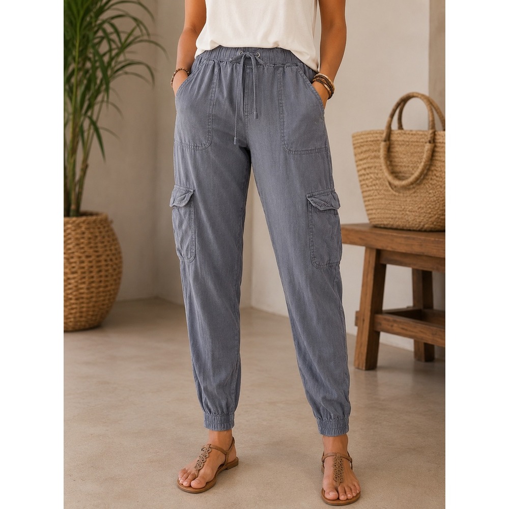 Nicole Miller New York Gray Linen Cargo Joggers European Flax Pants Womens Small